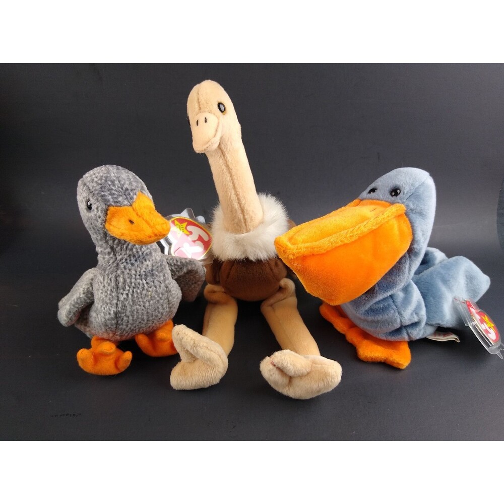 TY Beanie Vintage 3 Pc Bird Lot Honks Duck Stretch Ostritch Scoop Pelican